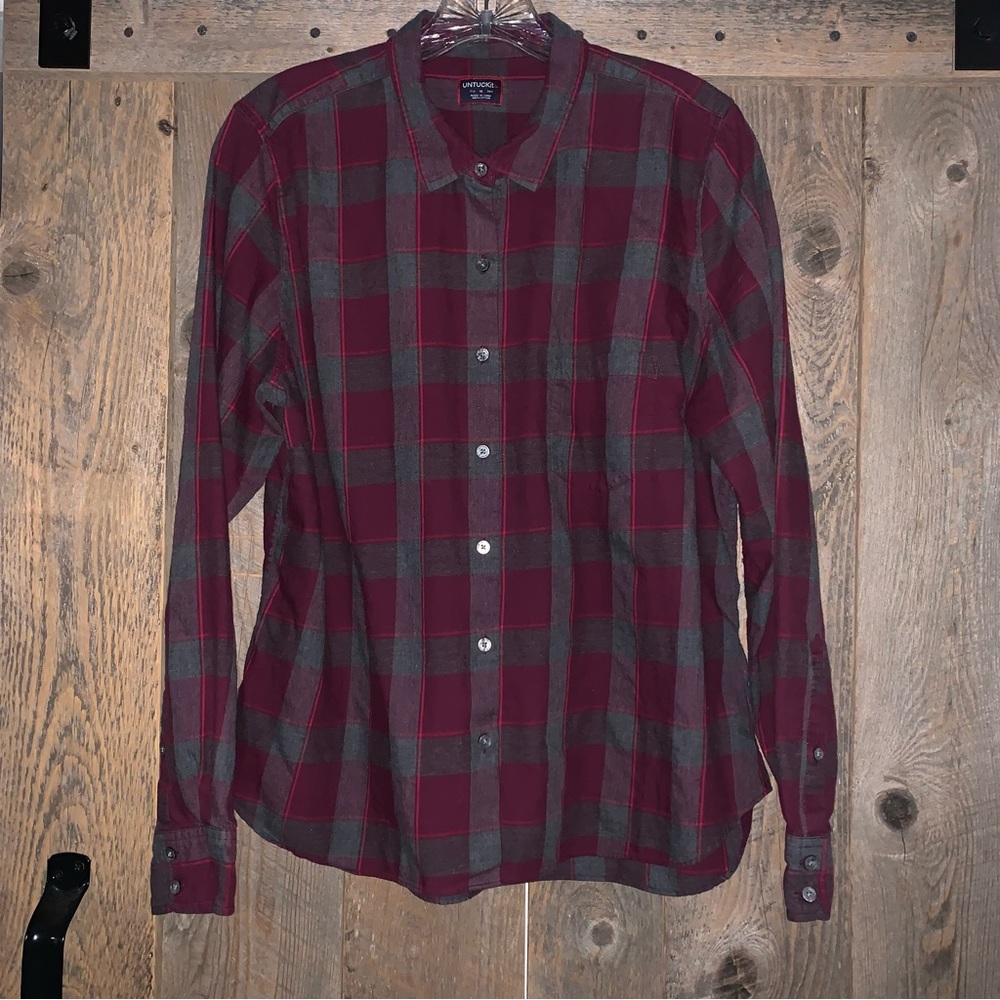 Women’s 14 UNTUCKIT AVERNA Berry & Gray 100% Cotton Button Down Shirt EXC